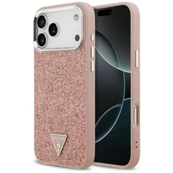 Guess Glitter Triangle Logo MagSafe dėklas iPhone 17 Pro Max, rožinis