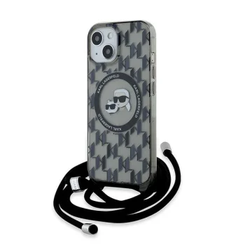 Karl Lagerfeld dėklas iPhone 15 / 14 / 13 su MagSafe ir dirželiu, juodas