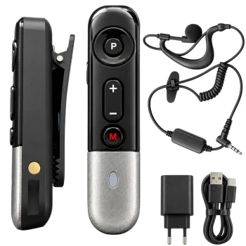 Mini radijo stotelė su ausine, mikrofonu ir USB įkrovimu, juoda ir sidabrinė