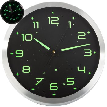 Fluorescencinis sieninis laikrodis su tyliu mechanizmu 25cm juodas