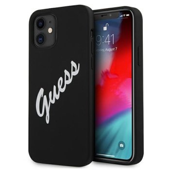 Guess iPhone 12 mini dėklas Silicone Vintage Script, juodas / baltas