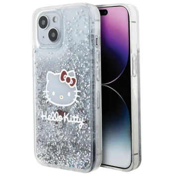 Hello Kitty dėklas iPhone 14 telefonui su skystais blizgučiais, sidabrinis