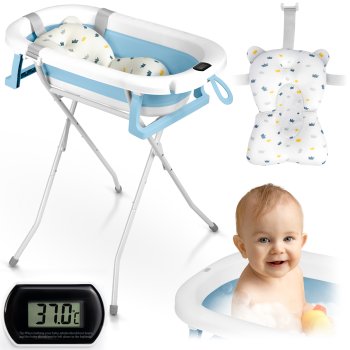 Sulankstoma kūdikių vonelė Ricokids RK-287 su stovu ir pagalvėle, balta/mėlyna