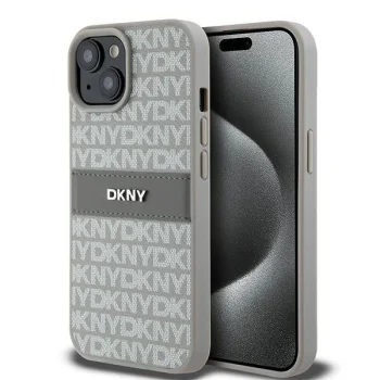 DKNY Mono Stripe & Metal Logo dėklas iPhone 15 Plus telefonui, smėlio spalvos