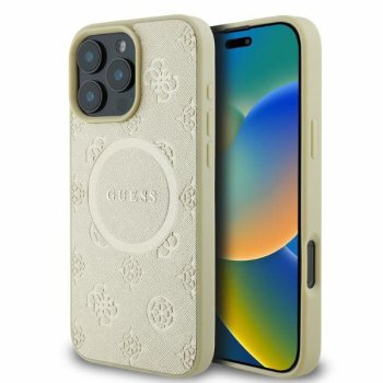 Guess Saffiano Peony Classic Logo MagSafe dėklas iPhone 16 Pro, auksinis