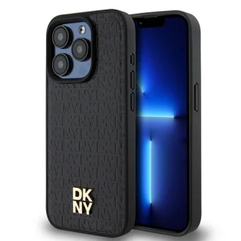 DKNY iPhone 15 Pro Case Leather Monogram Pattern Metal Logo MagSafe, Black