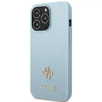 Guess Saffiano 4G Small Metal Logo dėklas iPhone 13 Pro Max telefonui, mėlynas