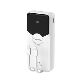 Wozinsky WFC-15W 20000mAh 22.5W išorinė baterija su integruotais laidais, balta