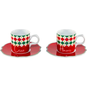 Bialetti Tricolore espresso puodelių su lėkštutėmis rinkinys, 2 vnt., 80 ml