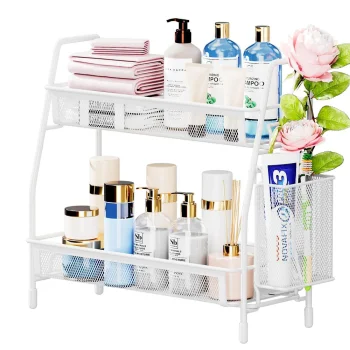 Two-Tier Kitchen Organizer with Basket, White