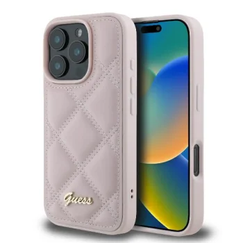 Guess dėklas iPhone 16 Pro telefonui Quilted Metal Logo, rožinis
