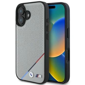 BMW M Perforated Tricolor Line MagSafe dėklas iPhone 16 telefonui, pilkas