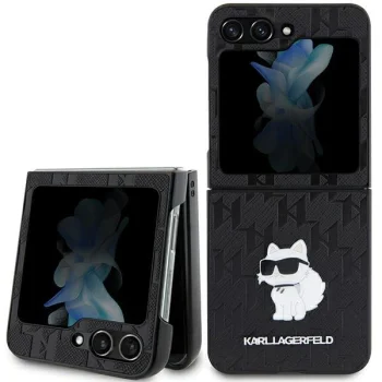 Karl Lagerfeld Saffiano Monogram Choupette Pin dėklas Samsung Galaxy Z Flip 5, juodas