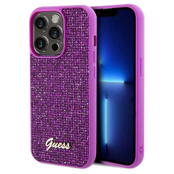 Guess Disco Metal Script dėklas iPhone 14 Pro Max telefonui, fuksijų spalvos