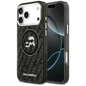 Karl Lagerfeld IML Glitter Karl & Choupette MagSafe dėklas iPhone 17 Pro Max, juodas