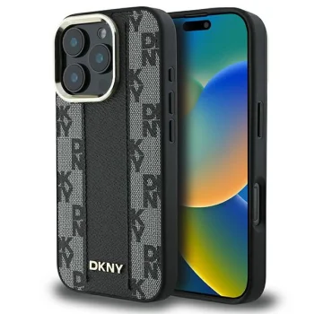 DKNY Leather Checkered Mono Pattern MagSafe dėklas iPhone 16 Pro, juodas