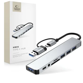 Tech-Protect HB06 8in1 USB-C šakotuvas ir adapteris, pilkas