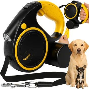 Purlov automatinis pavadėlis šunims su žibintuvėliu, 5 m, 10–25 kg, juodas / geltonas
