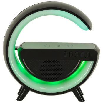 Daugiafunkcė RGB LED lempa su garsiakalbiu ir belaidžiu įkrovikliu, juoda