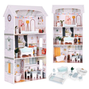 Medinis lėlių namelis Ecotoys Alice 128626, 3 aukštų su 9 baldais