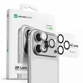 AmazingThing iPhone 17 Pro / 17 Pro Max kameros stiklas su rėmeliu, sidabrinis