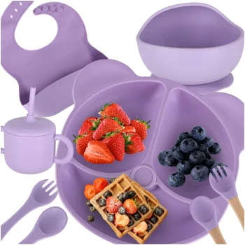 8 dalių silikoninių indų rinkinys vaikams Meškiukas, violetinis