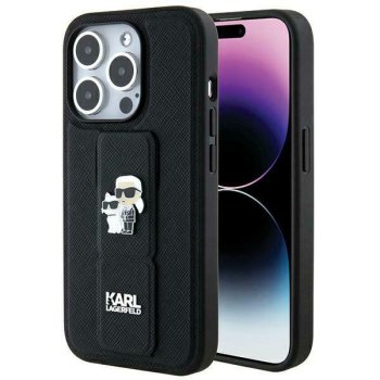 Karl Lagerfeld dėklas iPhone 14 Pro su Gripstand Saffiano Karl&Choupette, juodas