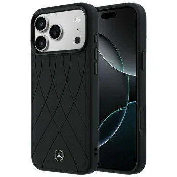 Mercedes Leather Crossed Lines MagSafe dėklas iPhone 17 / 18 Pro Max, juodas