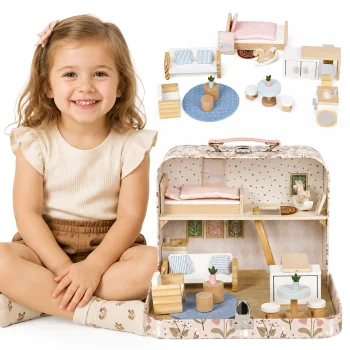 Ecotoys dviejų aukštų lėlių namelis lagamine su mediniais baldais