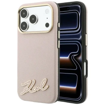 Karl Lagerfeld Grained with Resin Signature Logo MagSafe dėklas telefonui iPhone 18 Pro / 17 Pro, rožinis