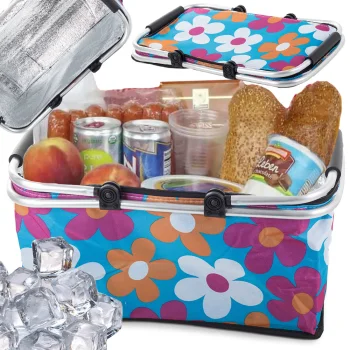 Foldable Thermal Picnic Basket, 48x28x22 cm, Green Floral