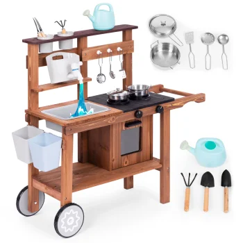 Ecotoys medinė purvo virtuvėlė vaikams su priedais, modelis 132696