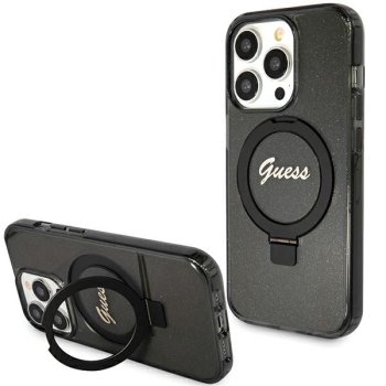 Guess Ring Stand Script Glitter MagSafe dėklas iPhone 15 Pro Max, juodas