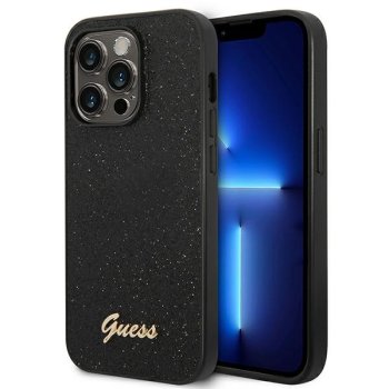 Guess Glitter Script dėklas iPhone 14 Pro telefonui, juodas