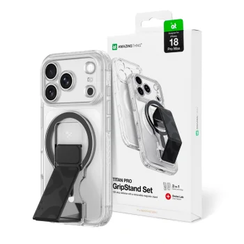 Dėklas AmazingThing Titan Pro Lens Stand skirtas iPhone 18 Pro Max su stovu ir MagSafe, skaidrus