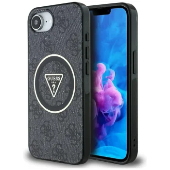 Guess IML Metal Glitter 4G Circle Triangle MagSafe dėklas iPhone 16e, juodas