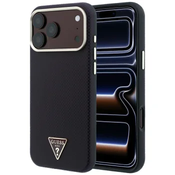Dėklas Guess Kevlar Triangle Logo MagSafe, skirtas iPhone 17 Pro / 18 Pro, bordo