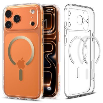 Spigen Ultra Hybrid Mag dėklas, skirtas iPhone 17 Pro, Clear/Gold