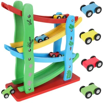Kruzzel Wooden Car Track and Slide with 4 Cars