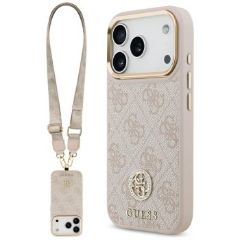 Guess dėklas iPhone 17 Pro telefonui 4G Strass Logo & Big Strap MagSafe, rožinis
