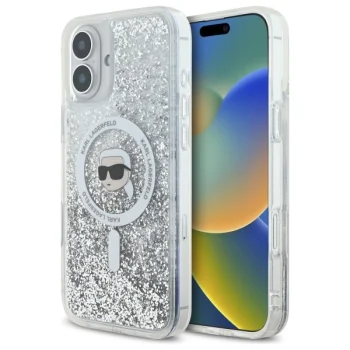 Karl Lagerfeld iPhone 16 Plus dėklas Liquid Glitter Karl Head MagSafe, skaidrus
