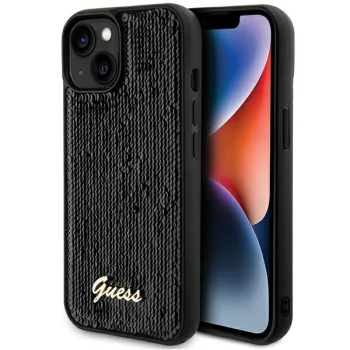 Guess dėklas iPhone 13 / 14 / 15 Sequin Script Metal, juodas