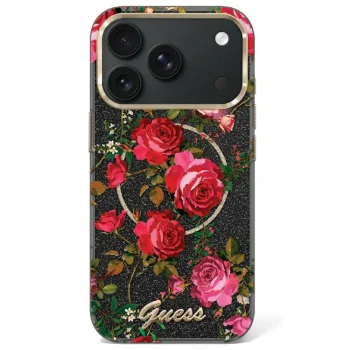 Guess IML Glitter Blossom Roses dėklas telefonui iPhone 17 Pro / 18 Pro, juodas