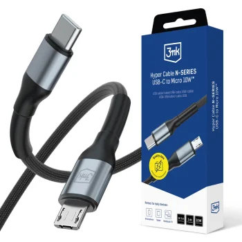 3mk Hyper Cable N-SERIES USB-C į Micro USB laidas 1m 10W, juodas