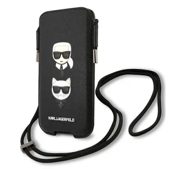 Karl Lagerfeld Saffiano Ikonik Karl & Choupette telefono rankinė (6.7"), juoda