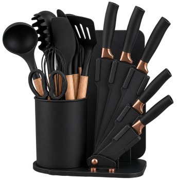 Silicone Kitchen Utensils and Knife Set with Stand, 19 Pieces, Black