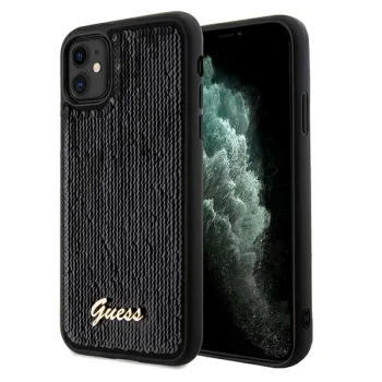 Guess dėklas iPhone 11 / XR telefonui Sequin Script Metal, juodas