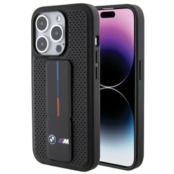 BMW Grip Stand Smooth & Perforated Case for iPhone 15 Pro with Stand, Black