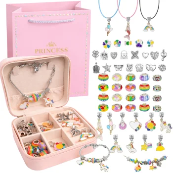Kids Charm Bracelet and Necklace Making Kit with Jewelry Box, Multicolor
