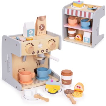 Ecotoys 2-in-1 Wooden Coffee Machine and Shop for Kids, 26 Accessories